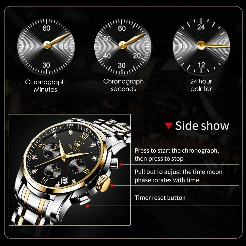 OLEVS Chronograph Watch Two Tone Silver Gold Black Dial Luxury 2858G New